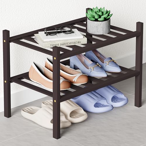 Smiry Bamboo Shoe Rack for Closet, 2 Tier - 17.32" Wide, Brown | Stackable Wooden Shoe Organizer, Wood Shoe Storage Shelf for Entryway, 8 Vertical Slats, Reinforced Legs - color: Brown, size: 2 Tier - 17.32" Wide