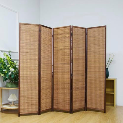 5 Panel Bamboo Room Divider Screen,5.6 FT Tall Bamboo Divider Folding Privacy Screen,Freestanding Panel Divider for Room Seperation,Brown - color: Brown, size: 5 Panel