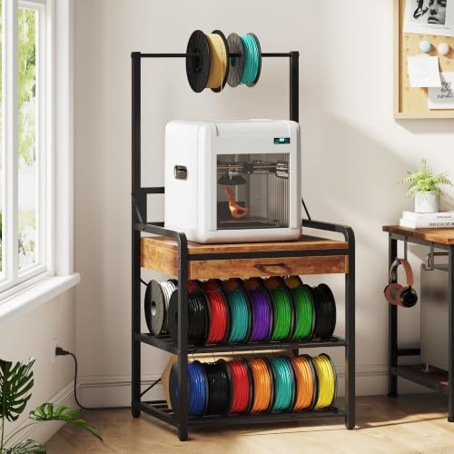 3D Printer Stand with Power Hub and Top Storage Shelf – Heavy Duty X-Bracket Stability, 3-Tier Storage & Tool Organizer for Workshop and Office - color: Brown, size: 29.2" x 23.2" x 59" H