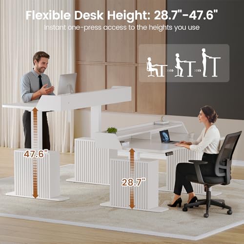 SEDETA Standing Desk with Storage, 55" Fluted Stand Up Desk with Power Outlets & LED Lights, Height Adjustable Table with Monitor Shelf for Home Office, Gaming, White - color: White