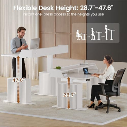 SEDETA Standing Desk with Storage, 55" Fluted Stand Up Desk with Power Outlets & LED Lights, Height Adjustable Table with Monitor Shelf for Home Office, Gaming, White - color: White