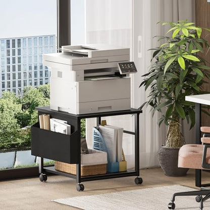 Lerliuo Black Large Printer Stand with Storage | 23.6" W x 23.6" D x 22.8" H Printer Table for Home Office, Rolling Printer Cart Holder with Lockable Wheels & Side Pocket - color: Black