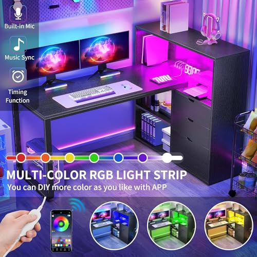 YITAHOME L Shaped LED Desk with Power Outlets & File Cabinet, Black - color: Black