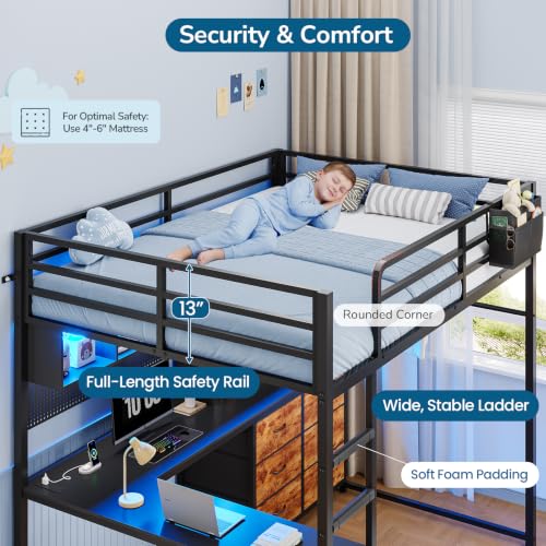 Full‑Size Black Metal Loft Bed with L‑Shaped Desk, LED & Charging Station - color: Black