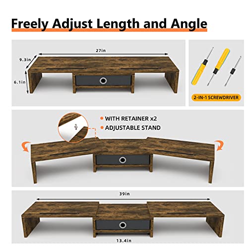 WESTREE Dual Monitor Stand Riser with Drawer, 3 Shelf Computer Monitor Riser with Adjustable Length and Angle, Desktop Monitor Stand Riser Storage Organizer for 2 Monitors