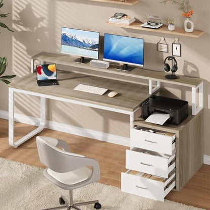 MaverickFurni 67" Home Office Desk with 3 Drawers and LED Lights, Walnut - color: White and Walnut