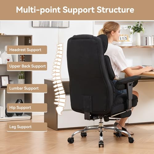 Efomao Executive Office Chair, Mesh Black Fabric Big and Tall Desk Chair | Breathable fabric, pocket spring & foam seat, retractable footrest, 135° recline for computer gaming setup - color: 3084mus-black