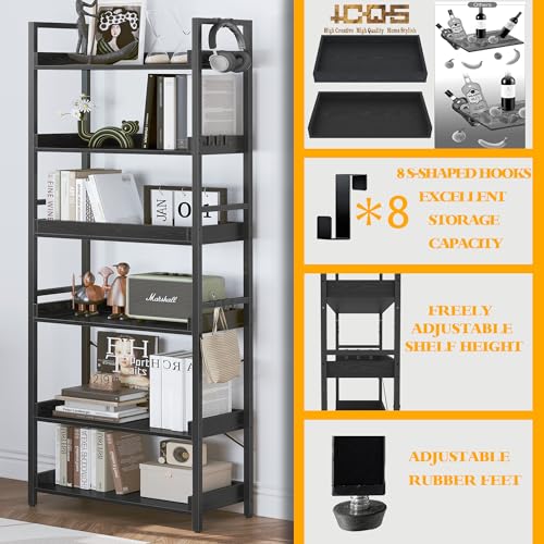 HCHQHS 6 Tier Bookshelf, Adjustable Industrial Bookcase, Vertical Tall Book Shelf, Wood and Black Metal Open Bookshelves for Home Office, Living Room, Bedroom, 70 Inch - color: Black, size: 6-Tier (24"W x 70"H)