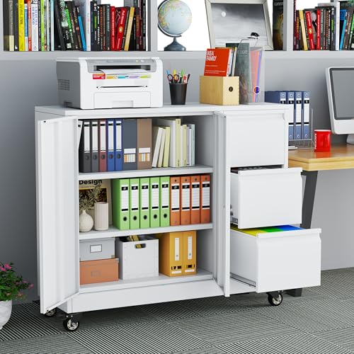 winiowa Mobile 3-Drawer File Cabinet with Wheel, Metal Lateral Rolling Printer Stand Filing Cabinets with Lock, Office Storage Cabinet for Office, Home, Garage, School, Gym-White - color: White