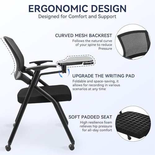 Folding Office Chair, Stackable Conference Chair with Casters and Tabletop | 300 lbs Capacity – Space-Saving for Meeting Room, Reception, Guest (With a writing pad) - size: M1