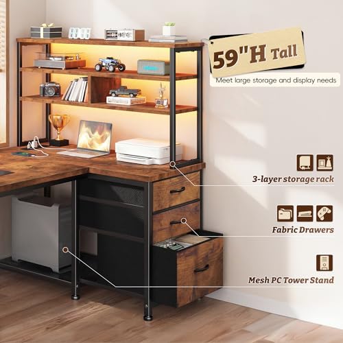 DurayLoly 55"Computer Desk with 3 Drawers & Shelf for Bedroom & Home Office - color: Brown, size: 18.9"D x 55.1"W x 59"H