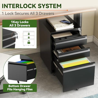 SAWJEC 3 Drawer Mobile File Cabinet with Lock, Fully Assembled, Black - color: 02b-black