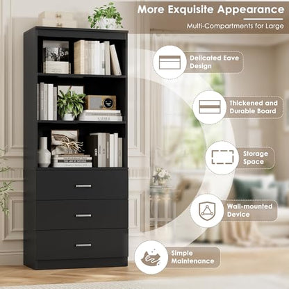 FOTOSOK 71" Black Bookshelf with 3 Drawers, Tall Bookshelf and Bookcase | 6-Tier Wide Bookshelf with 3 Open Shelves, Tall Bookcase Large Book Shelf Standing Book Case for Home Office, Whit - color: Black