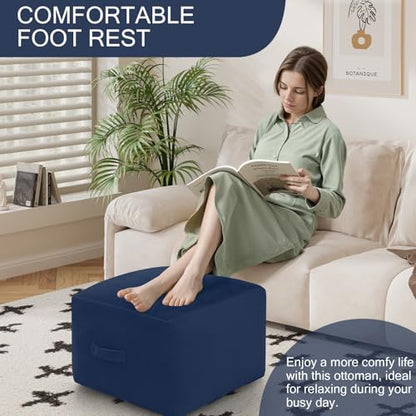 MeMoreCool Square Stuffed Pouf Ottoman Foot Rest, Floor Pouf Foot Stool with Foam Chunk Filling, Soft Stuffed Ottoman Footrest for Living Room, Navy - color: Striped Navy