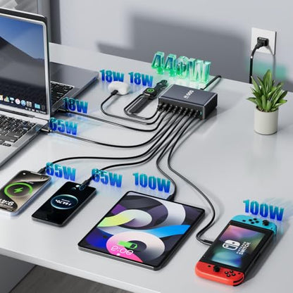 440W Fast Charging 8 Port USB C Charger Block, Multi-Device USB Charging Station Wall Desktop Charger with GaN Ⅲ Technology, USB-C Charger Adapter for MacBook/iPad/iPhone 16/Samsung Galaxy/DELL/HP - size: 440W