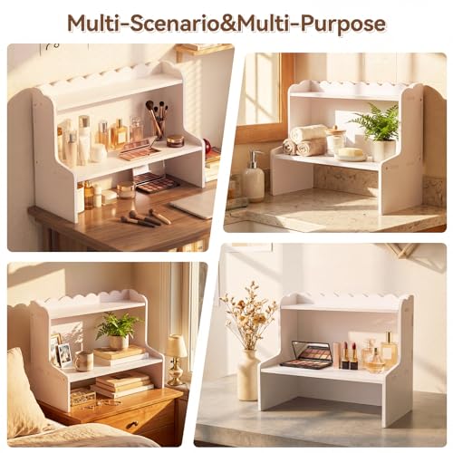 Amyhill Wooden Office Desktop Storage, 2-Tier Scalloped Tabletop Organizer Shelf for Cosmetics, Stationery, Office Supplies, Space-Saving Display Rack for Bedroom, Dorm