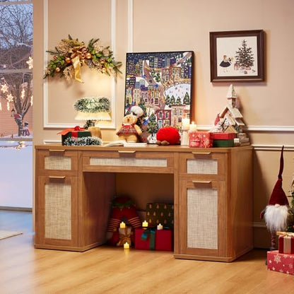 LEYAOYAO Office Desk 56" with 5 Drawers Storage File Cabinet, Tea Brown - color: Tea Brown