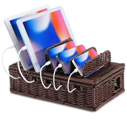 CroBlissful Cable Management Box Handwoven Imitation Rattan Cord Hider Box Charging Station Basket Desktop Cord Organizer with Removable Divider for Laptop Tablet 12.5lx5.9hx7.6w-inch (Coffee Color)