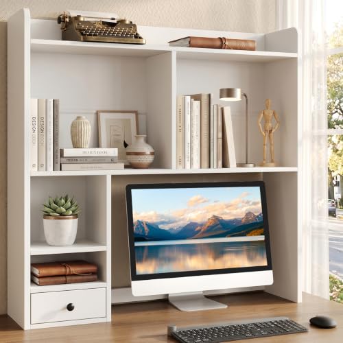 knoworld Desktop Bookshelf for 27" Monitor, 36.4" Tall Dorm Desk Hutch Organizer with 5 Shelves & 1 Drawer, Engineered Wood Desk Shelf for Computer Desk, White - color: White