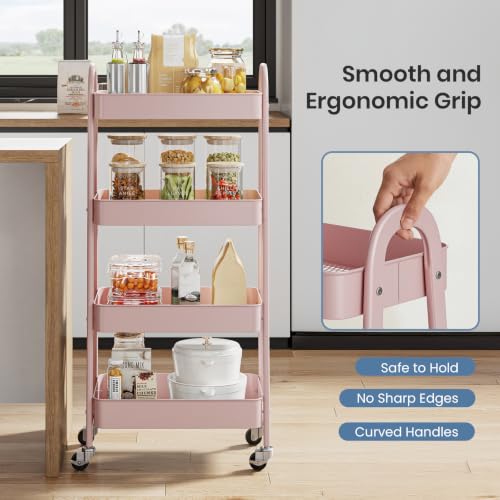 DUMOS 4 Tiers Rolling Utility Cart, Storage Organizer, Shelving Unit | Metal, Lockable Wheels, Mobile, Kitchen, Bathroom, Laundry, Narrow Places, Pink - color: 4-tier Cute Pink