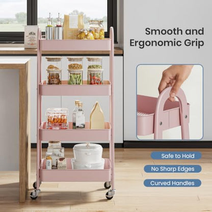 DUMOS 4 Tiers Rolling Utility Cart, Storage Organizer, Shelving Unit | Metal, Lockable Wheels, Mobile, Kitchen, Bathroom, Laundry, Narrow Places, Pink - color: 4-tier Cute Pink