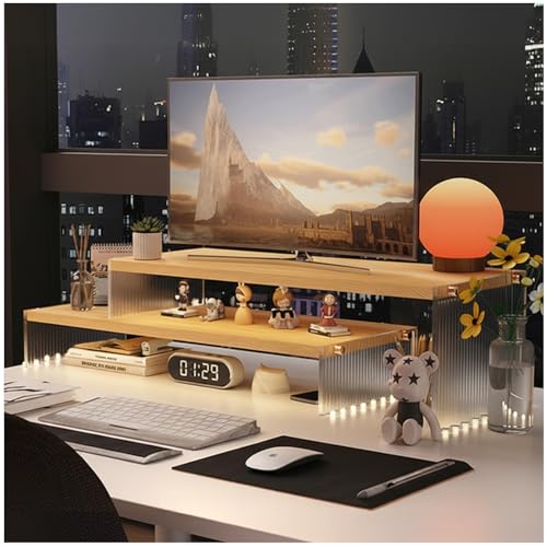 YGYQZ Adjustable Monitor Stand Riser, 7.67"×19.3" Dual Monitor Desk Stand - color: wood-wavy, size: 7.67' W*19.3L