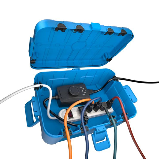 Flemoon Large Outdoor Electrical Box, Waterproof Extension Cord Cover | Inner Size 12 x 7.4 x 3.9 Inch, 6 Cable Entry Ports, IP54 Weatherproof Connection Box for Outlet, Timer, Holiday Light, Blue - color: Blue, size: Large