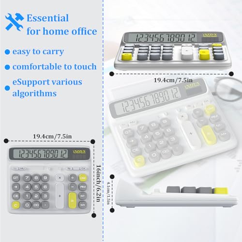 Desktop Calculator with Extra Large 5-Inch LCD Display, 12-Digit Two Way Power Solar & Battery Office Calculator with Big Buttons for Business, Accounting & Home Use(White) - color: White
