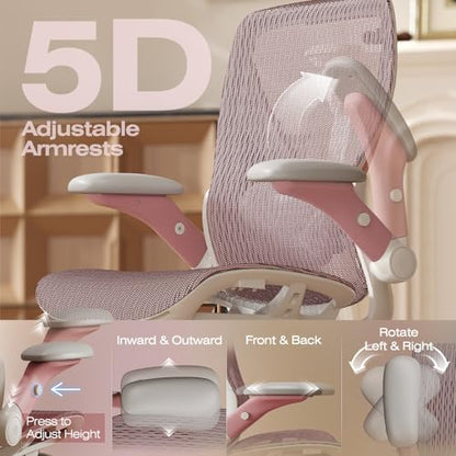 ELABEST X100 Ergonomic Mesh Office Chair with Footrest, Big and Tall Home Desk Chair with 5D Flip-Up Arms, Adjustable 3D Lumbar Support, Gaming & Executive Computer Chair (Peach Blossom) - color: Peach Blossom
