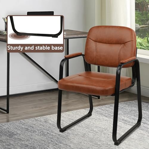 CLATINA Waiting Reception Chairs No Wheel, Leather Guest Chair with Padded Arms, Modern Brown Office Desk Chairs with Sled Base for Office Meeting Conference Room Lobby Home Living Room (2 Pack) - color: Brown-sled Base, size: 2pack