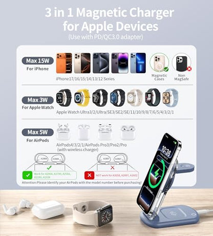 Mukiya 3 in 1 Magnetic Wireless Charging Station for Apple Devices | Fast Travel Charger Stand with Night Light for MagSafe-enabled iPhone 17 16 15 14 13 12 Series, Apple Watch/AirPods Pro, BU - color: Blue