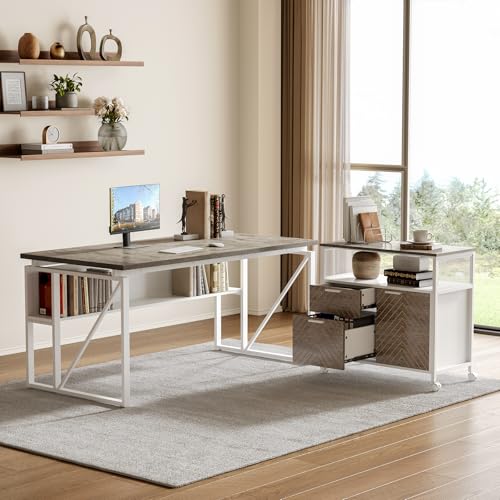 LITTLE TREE 63-Inch Office Desk with 31.5-Inch Lateral File Cabinet, Study Writing Desk Computer Desk for Home Office - color: Grey + White