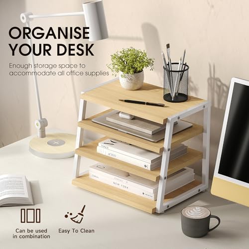 Fenge Desk Shelf Organizer, 4-Tier Tower Desktop Office Shelves, Oak - color: Oak