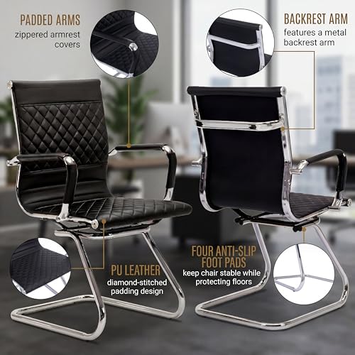 HNY Set of 2 PU Leather Office Guest Chairs, Black - color: Black