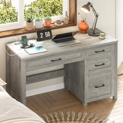 Vabches Farmhouse 47" Computer Desk, Executive Desk with File Drawer, Grey | Workstation, Charging Station, for Study, Home Office - color: Grey