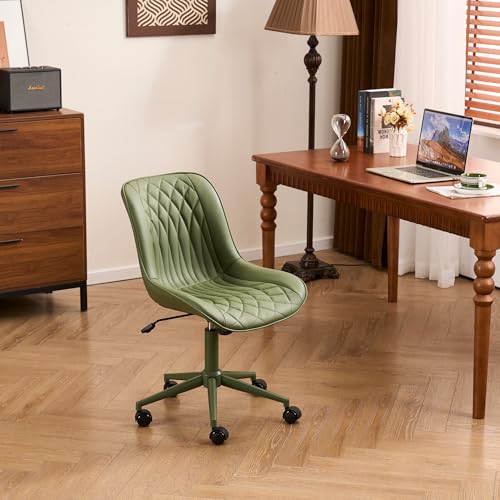 YOUNIKE Faux Leather Office Desk Chair Comfy Vanity Chair Armless Green | Ergonomic Upholstered Rocking Back, Swivel with Wheels, Height Adjustable, Modern Task Chair For Computer Sewing Drafting - color: All Green