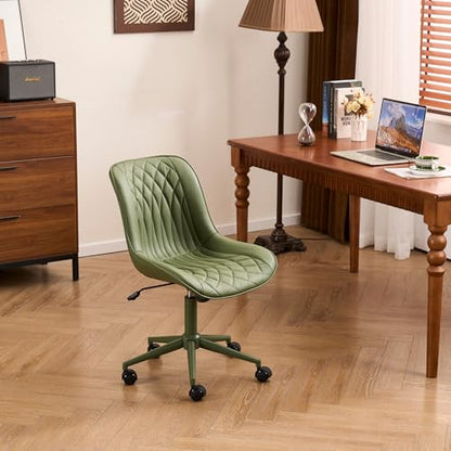 YOUNIKE Faux Leather Office Desk Chair Comfy Vanity Chair Armless Green | Ergonomic Upholstered Rocking Back, Swivel with Wheels, Height Adjustable, Modern Task Chair For Computer Sewing Drafting - color: All Green