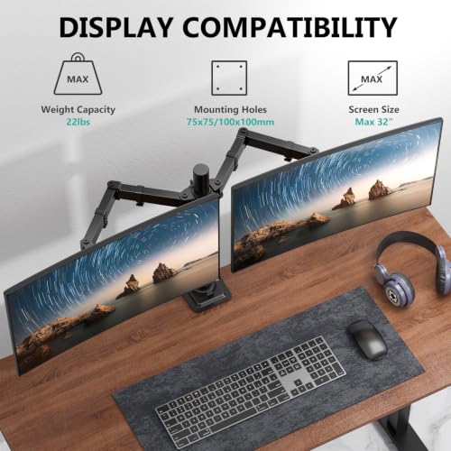 WALI Articulating Dual Monitor Stand for 13-32 inch Screens, 22 lbs per Arm - color: Black (C-Clamp), size: Dual