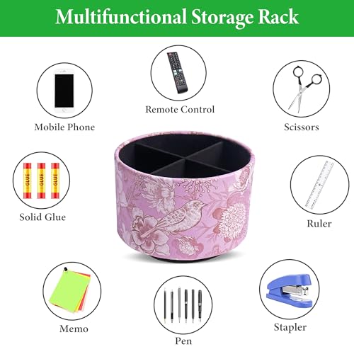 Round Leather Art Supply Organizer,Remote Control Holder,360 Degree Spinning,Multi-Functional Pencil Holder,4 Compartments Desktop Stationary Organizer(1-Purple Bird) - color: 1-Purple Bird
