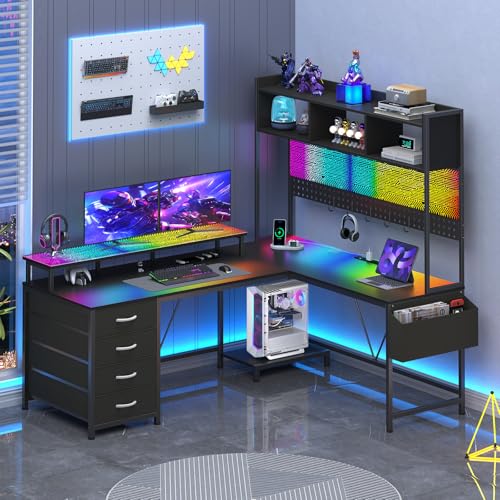 L Shaped Desk with Hutch and Drawers, Gaming Desk with LED Lights ＆ Outlets | Computer Desk with 4 Drawers and Monitor Stand, Corner Desk with Pegboard for Home Office ＆ Gaming, Black