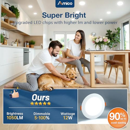 Amico 12 Pack 6 Inch LED Recessed Lighting, Canless Wafer Downlight, White | 5CCT 2700K-5000K, 5%-100% Dimmable, Ultra-thin, Metal housing, 1050LM 12W 120V, IC & Damp Rated, ETL & FCC, 50000h Life Span - color: White, size: 6 Inch