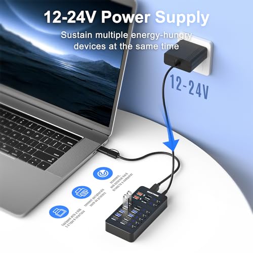 Powered USB Hub,14 Ports USB Data Hub Splitter with 6 USB 3.0 Port,4 Charging Port,1 USB-C 3.0 Data Port,1 PD 60W Charging Port w LED Individual On/Off Switches for MacBook,Mac Pro,Laptop/PC
