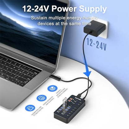 Powered USB Hub,14 Ports USB Data Hub Splitter with 6 USB 3.0 Port,4 Charging Port,1 USB-C 3.0 Data Port,1 PD 60W Charging Port w LED Individual On/Off Switches for MacBook,Mac Pro,Laptop/PC