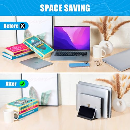 Vertical Laptop Stand, 3 Slot Adjustable Laptop Storage Rack and Desk Organizer, Silicone-Padded Holder for Multiple Devices Storage, Compatible Stand for Tablets and Devices up to 17 Inches