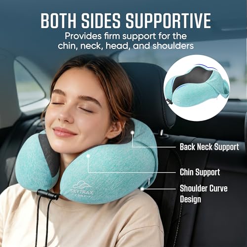 SkytraxComf® Travel Neck Pillow with Hood for Privacy on Long Flights | Memory Foam | Airplane Sleep | Safety-Tested Materials | Extra Large Hood | Chin Support | Earplugs | Washable Cover - color: Mint Blue