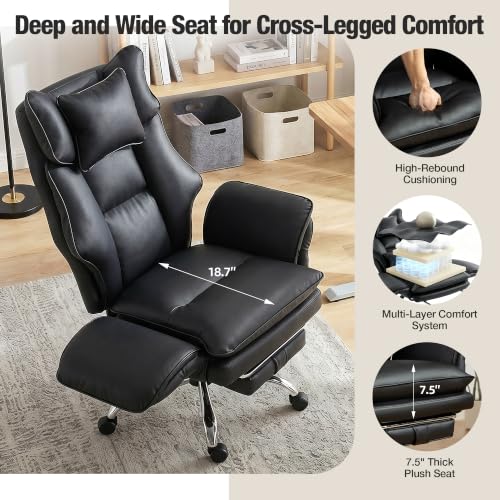 Executive Leather Criss Cross Office Chair with Foot Rest &Flip Arms | Big and Tall 155° Reclining Desk Chair with Wide Seat for Cross Legged Sitting for Home Office, PU Leather, 400LBS - color: Black