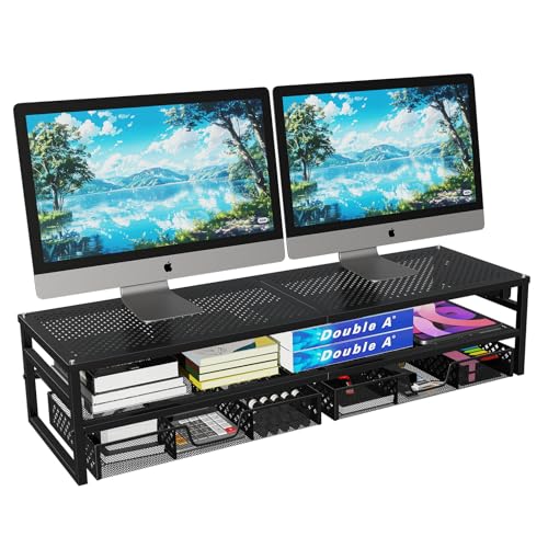 Simple Trending 2-Tier Metal Dual Monitor Stand with USB & 2 Drawers, Black | 32"W x 10"D x 7"H. USB 2.0 + charging port. 2 drawers. Mesh cooling vents. Holds 100 lbs. Non-slip base. Cable ties included.