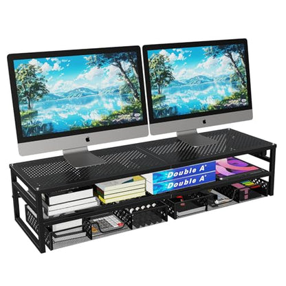 Simple Trending 2-Tier Metal Dual Monitor Stand with USB & 2 Drawers, Black | 32"W x 10"D x 7"H. USB 2.0 + charging port. 2 drawers. Mesh cooling vents. Holds 100 lbs. Non-slip base. Cable ties included.
