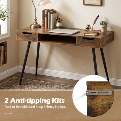 Tangkula Mid Century Modern Computer Desk | Writing Desk with 2 Drawers & Open Center Storage, Small Wooden Study Table for Home Office & Compact Spaces - color: Rustic Brown