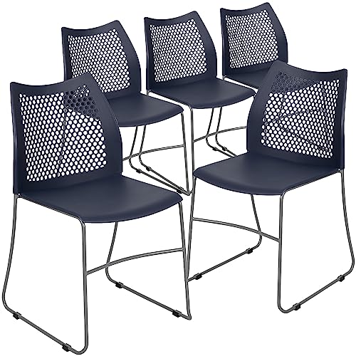 Flash Furniture Hercules Series Contoured Lobby Chairs with Air-Vent Honeycomb Backs, Ergonomic Stacking Chairs for Offices, Set of 5, Navy | Sled Base, Powder Coated, 661 LBS. Weight Capacity - color: Navy, size: Set of 5